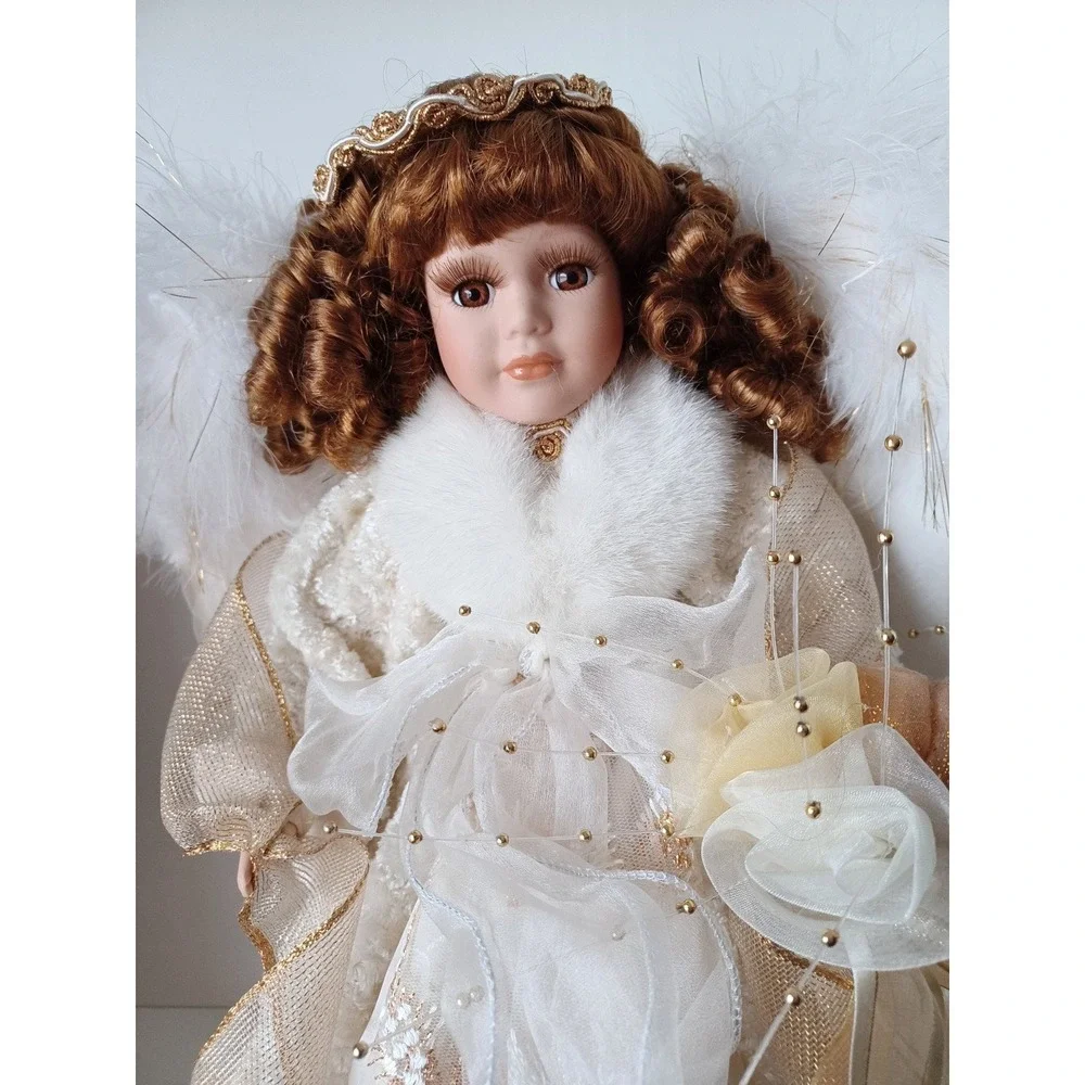 Vintage Porcelain Doll In Gold And White Dress With Wings Collectible Toy